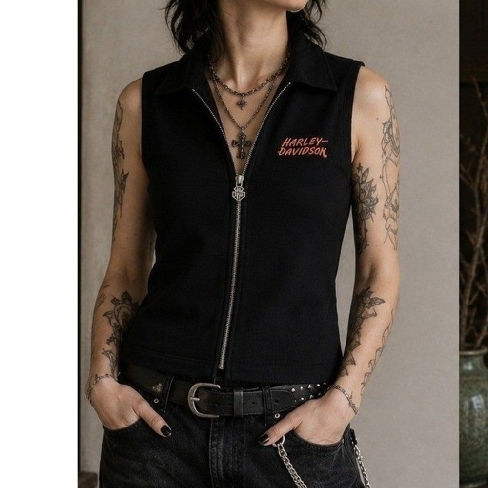 Harley Davidson Vest Women's XL Full Zip Sleeveless Sweater V Neck Black